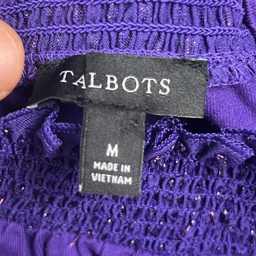 Talbots Purple Smocked Mock Neck Top Metallic Swiss Dot Sheer Sleeve Womens Med - Picture 3 of 7